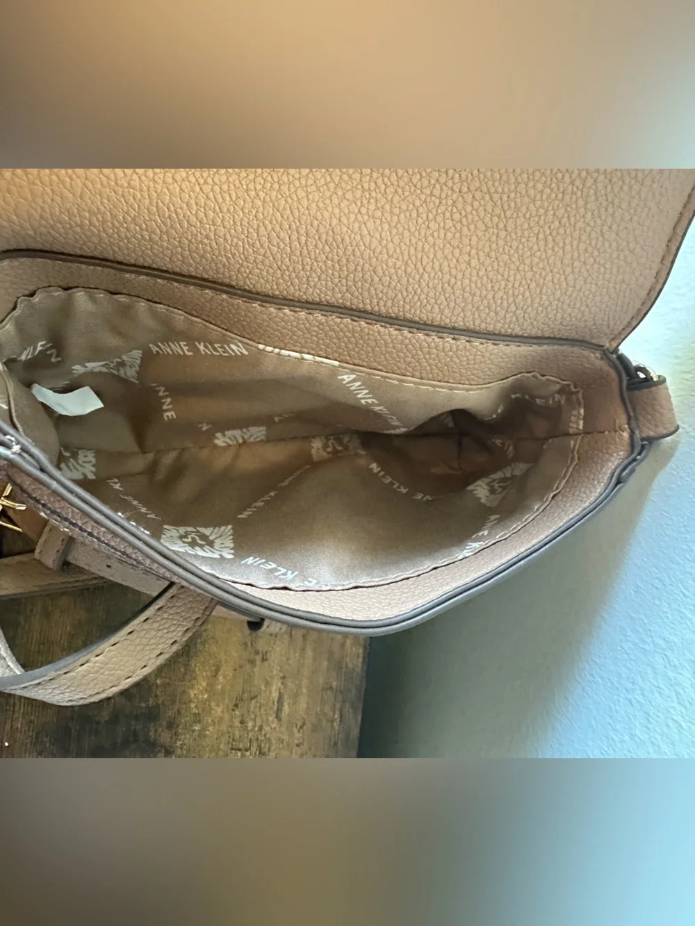 Anne Klein Taupe Brown Pebbled Faux Leather Crossbody with Patterned Accent NWOT
